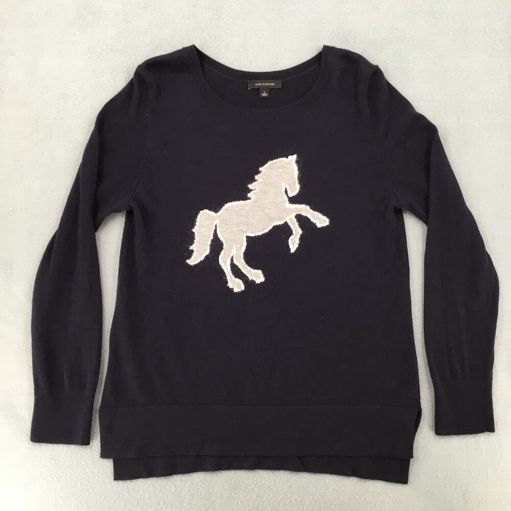 Ann Taylor Horse Intarsia Fine Gauge Wool Blend Sweater Women's Large Navy